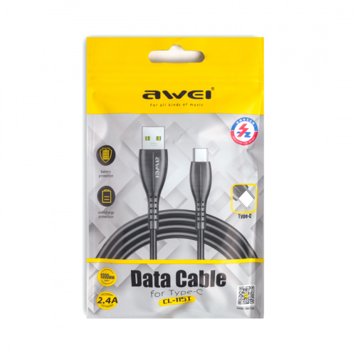 Интерфейсный кабель Awei Type-C CL-115T 2.4A 1m Чёрный фото 2