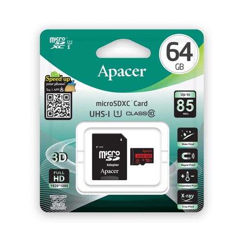 Карта памяти Apacer AP64GMCSX10U5-R 64GB + адаптер фото 3