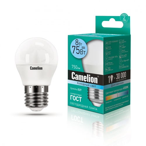 Эл. лампа светодиодная Camelion LED8-G45/845/E27, Холодный фото 2