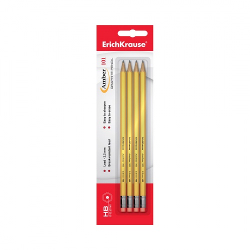 Блистер чернографитных шестигранных карандашей с ластиком ErichKrause® Amber 101 HB (4 карандаша) фото 2